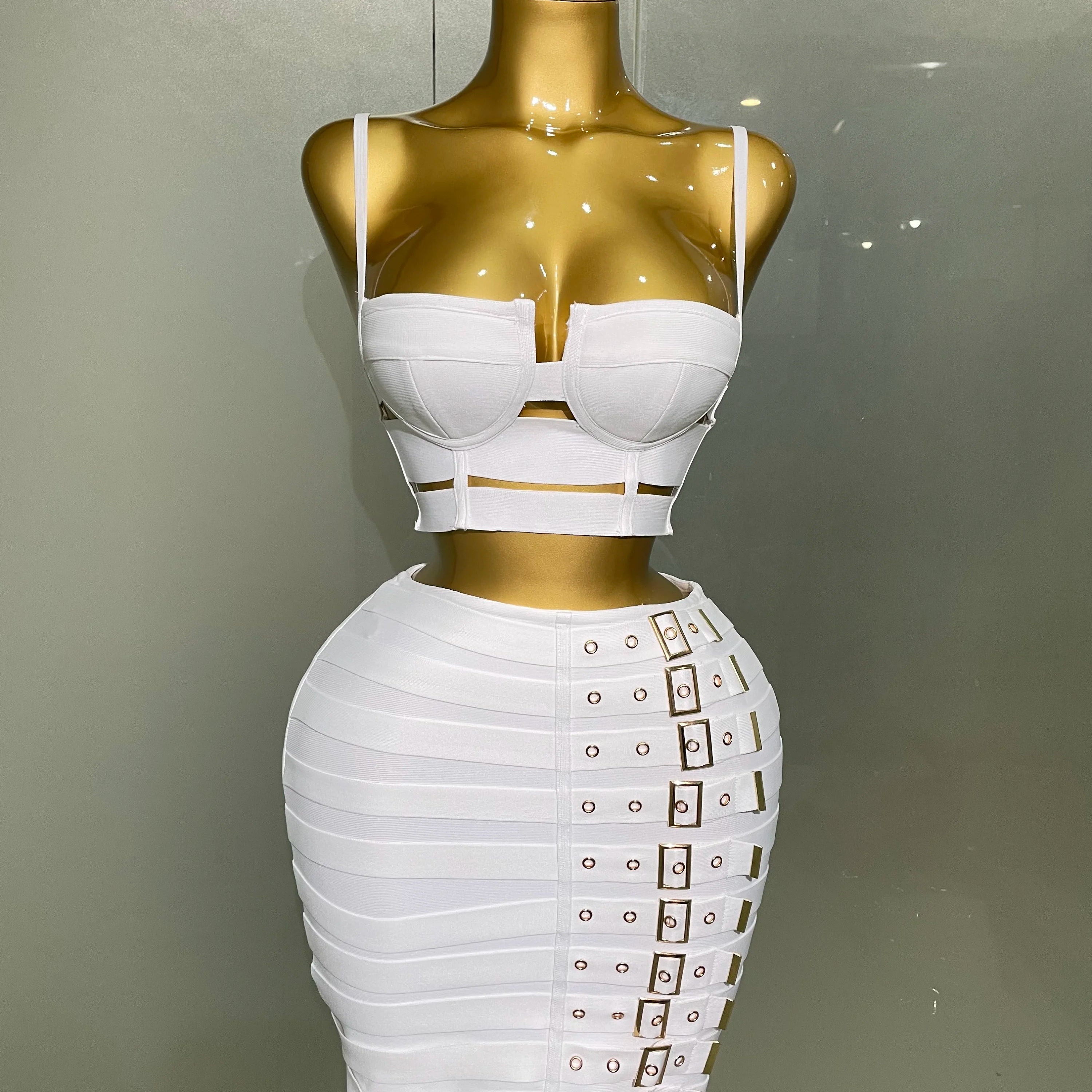 2025 Women Sexy Bandage Tops Fashion Pencil Skirts Set Nightclub Party Celebrate Women's Set WHITE