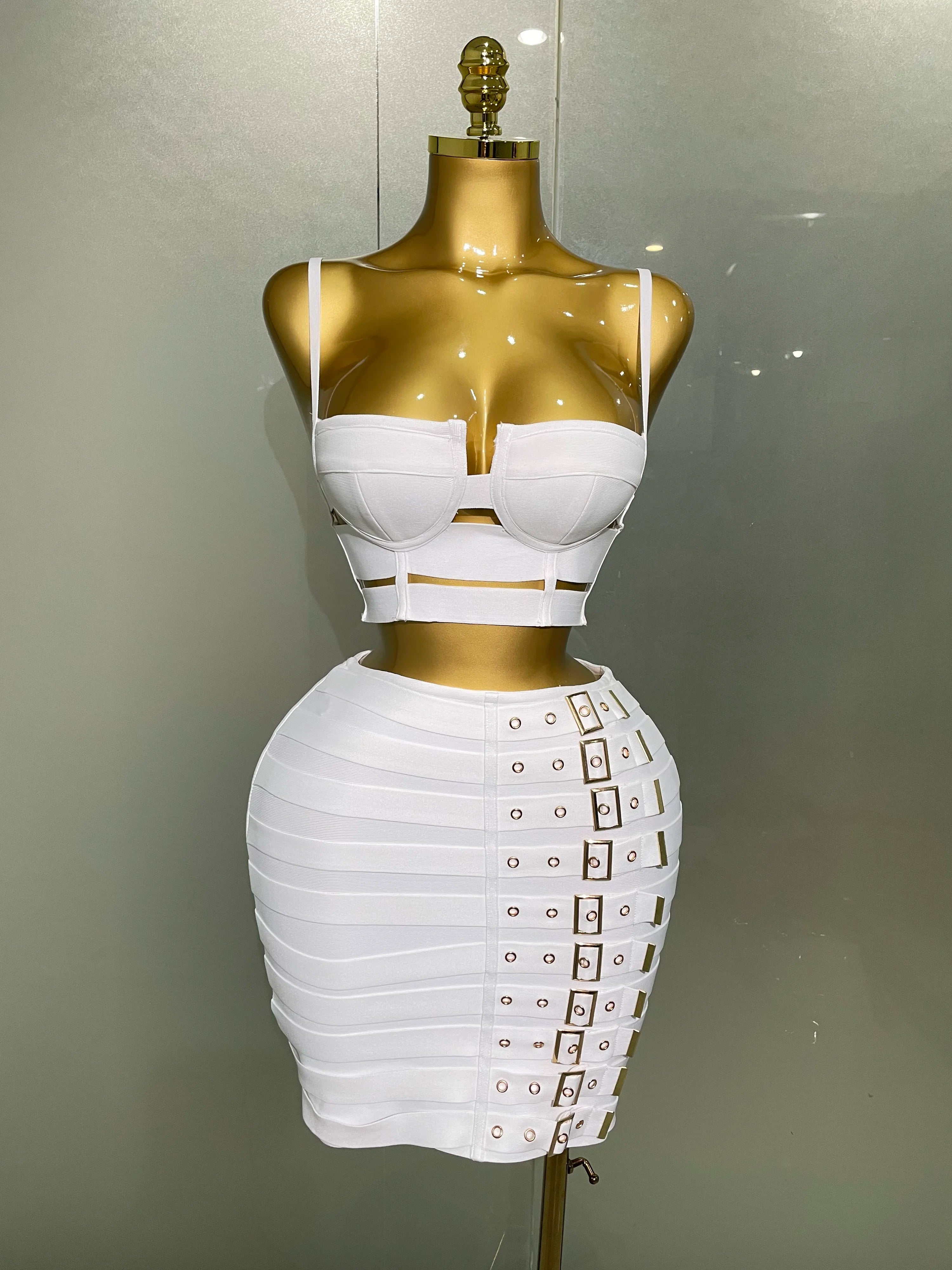 2025 Women Sexy Bandage Tops Fashion Pencil Skirts Set Nightclub Party Celebrate Women's Set WHITE