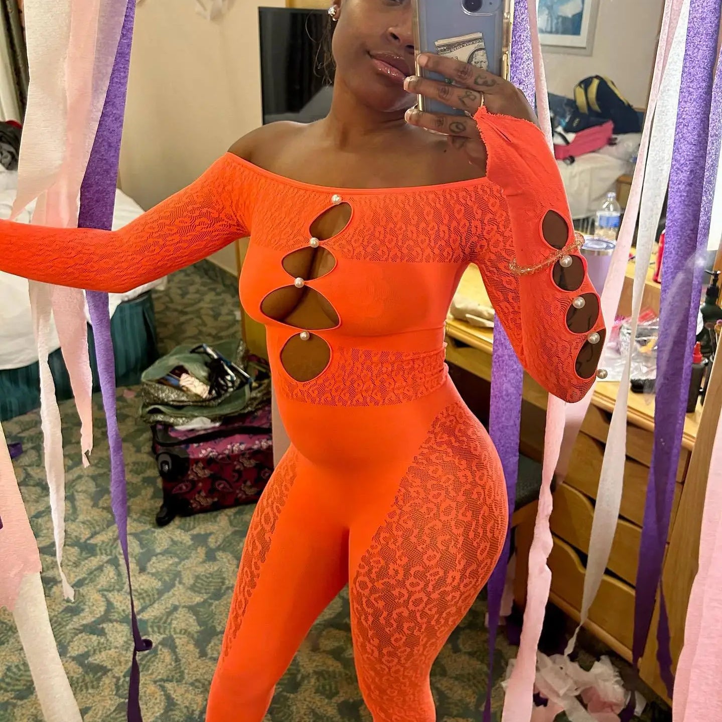 2025 Long Sleeve Sexy Leopard Lace See Through Women’s Jumpsuits Summer Slash Neck Night Club Party One Piece Outfits fluorescent orange One Size