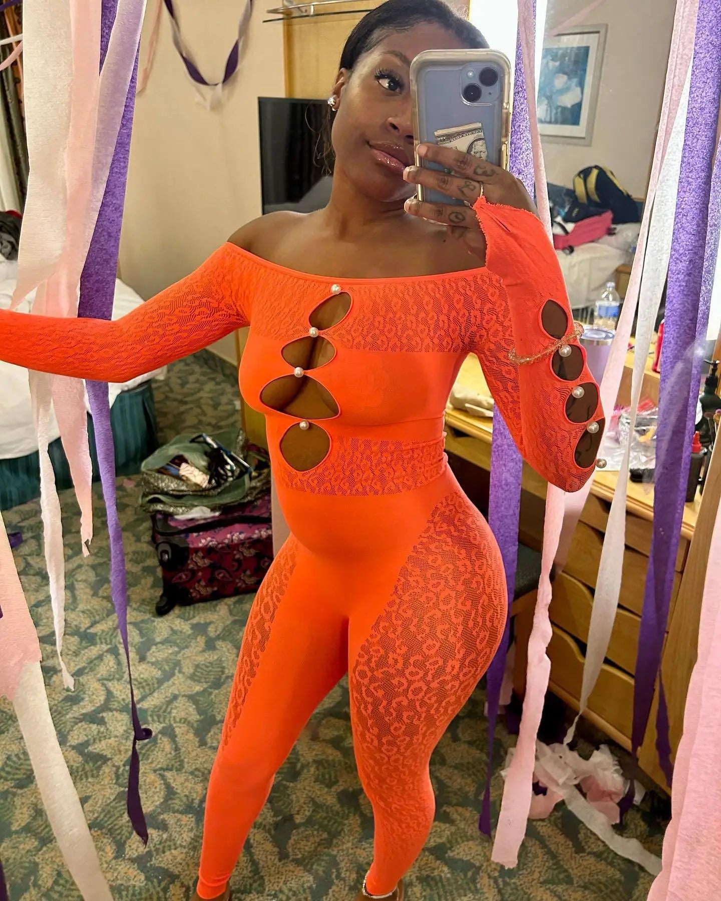 2025 Long Sleeve Sexy Leopard Lace See Through Women’s Jumpsuits Summer Slash Neck Night Club Party One Piece Outfits fluorescent orange One Size