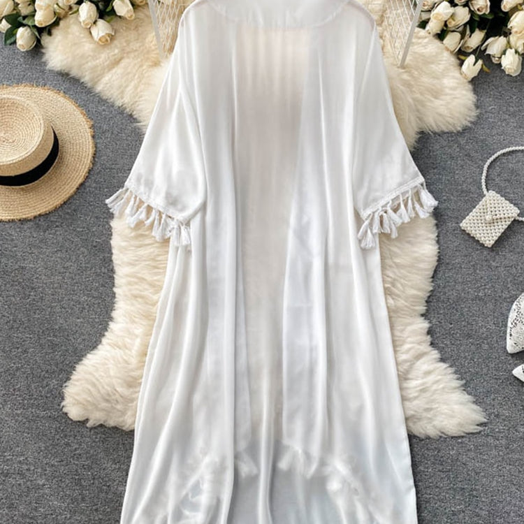 Summer Pareo Beach Kimono Bohemian Cover Up Long Fashion Embroidery Poncho Cardigan Tassel Chiffon Shirt