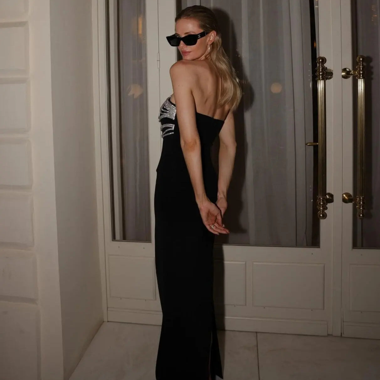 Celebrity Red Carpet Dress Women Sexy Strapless Diamond Lines Bodycon Bandage Long Dress Fashion Elegant Evening Party Vestido