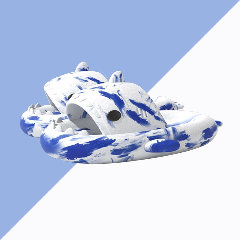 Summer Shark Slides For Women Men New Fashion Slippers Home Couple Thick Soled Non-slip Sandals Outdoor Beach Flip Flops White Blue2