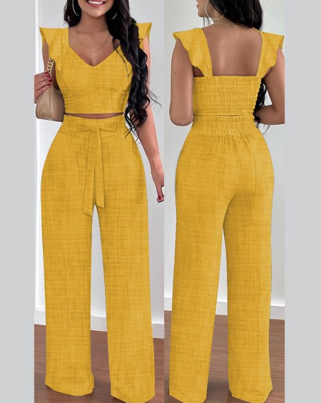 Two Piece Sets Womens Outifits 2024 Spring Fashion Shirred V-Neck Sleeveless Crop Top &amp; Casual Pocket Design Wide Leg Pants Set B