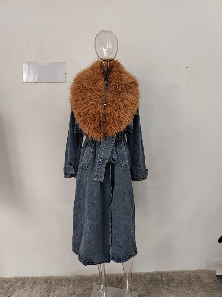 DEAT Fahsion Women Denim Overcoat Fur Collar Belt Patchwork Pockets Loose Split Thick Warm Windbreaker Winter New LM1040 Denim Blue