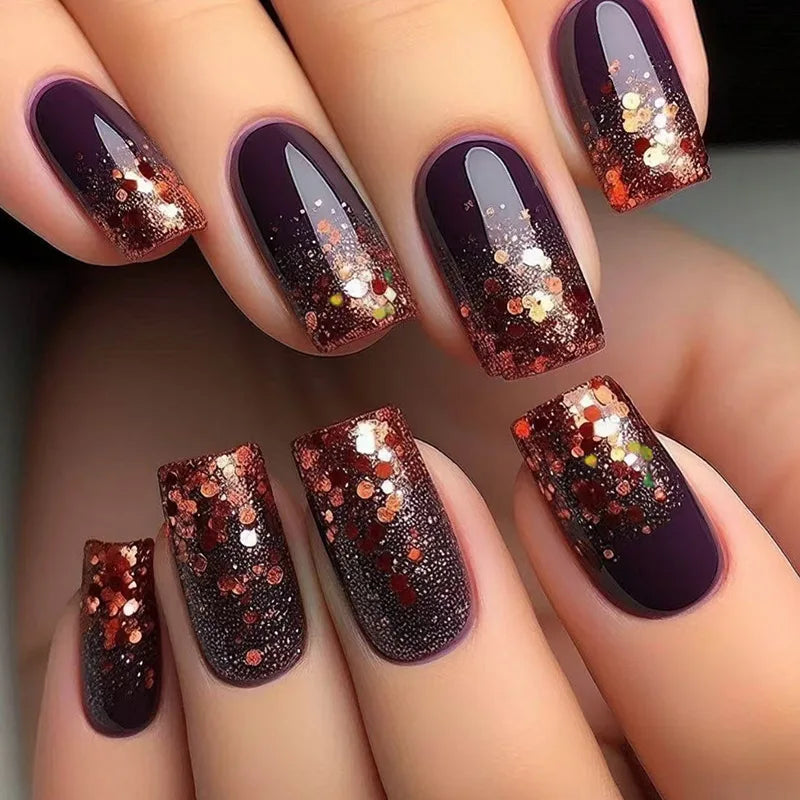 24Pcs Glitter Fake Nail Art with Sequin Design Mid-length Square Head False Nails Tips Retro Wine Red Wearable Press on Nails 1866