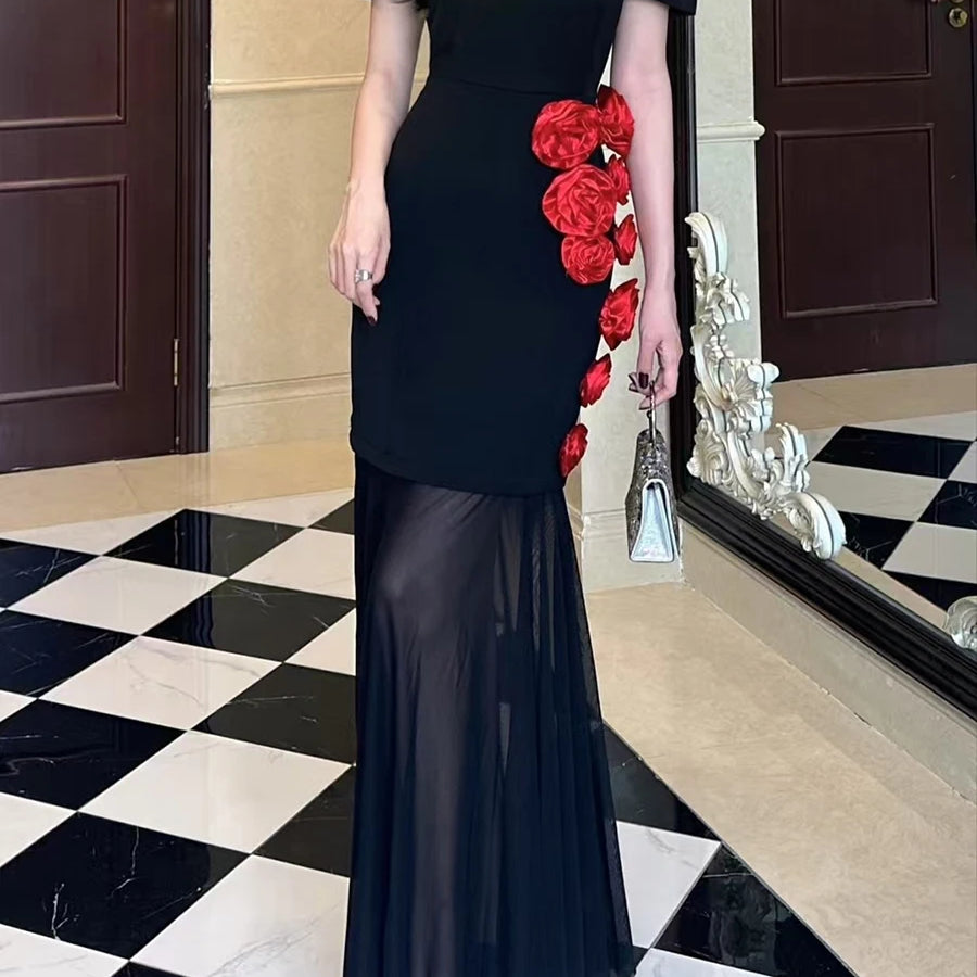 Hit Color Slimming Spliced 3D Flower Elegant Dresses for Women Round Neck Short Sleeves Dress Femlae Clothing New