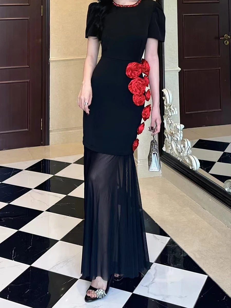 Hit Color Slimming Spliced 3D Flower Elegant Dresses for Women Round Neck Short Sleeves Dress Femlae Clothing New