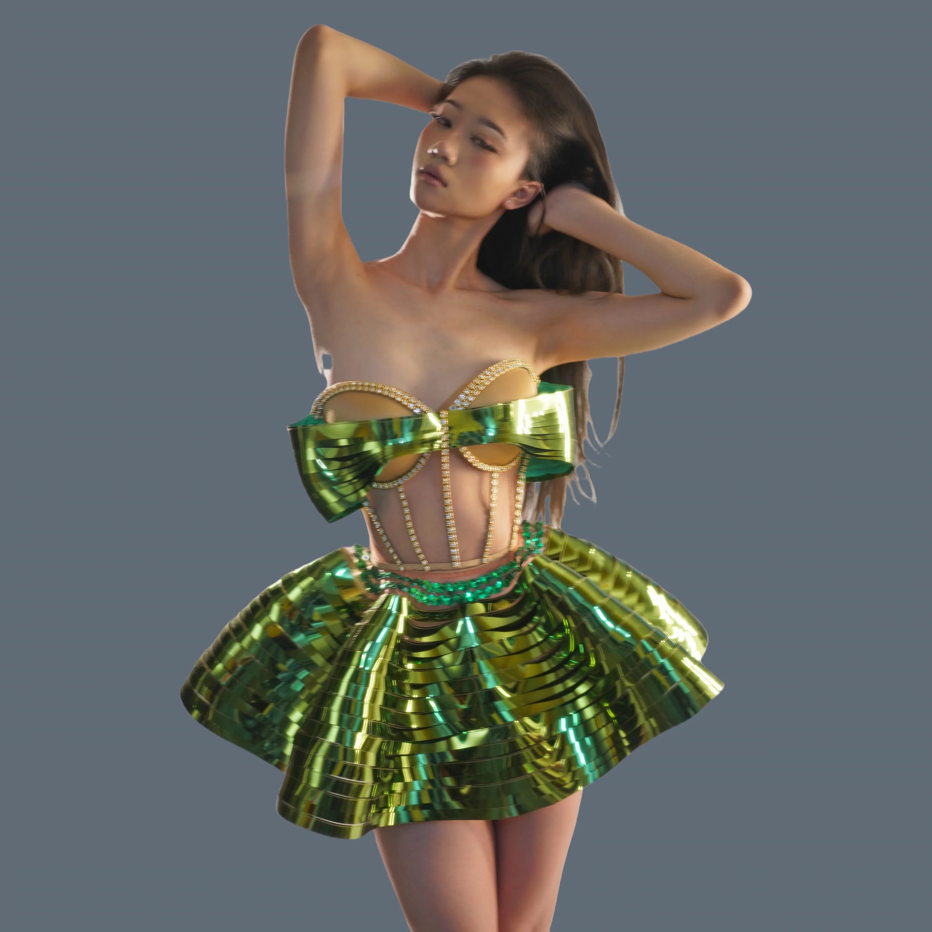 Special Design 2Piece Backless Bandage Mini Dress Set Dance Stage Outfit Sexy Party Performance Sequins Crystals Costume Feidie green One Size