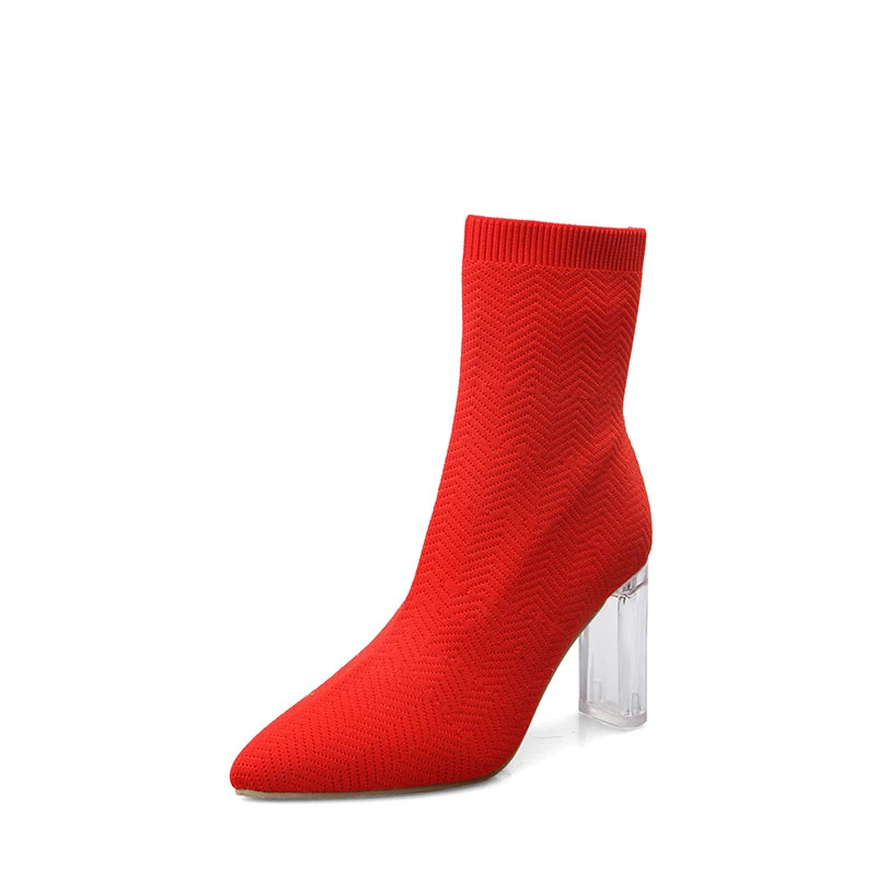 Winter Ladies Socks Boots Women's Elastic Fabric Elastic Stilettos Heel Pointy Booties Women's Shoes Boat Shoes red