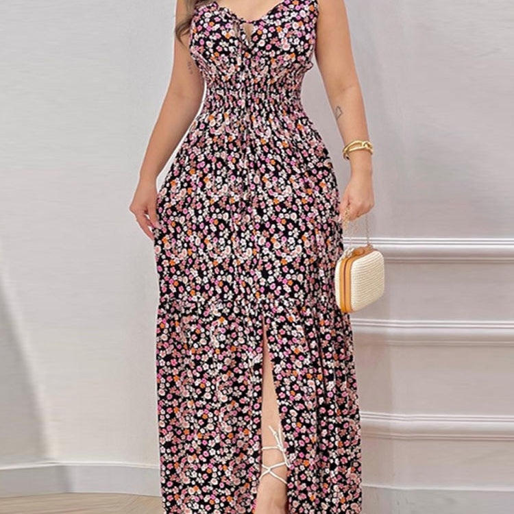 Women Summer Print Spaghetti Strap Big Swing Dress Black