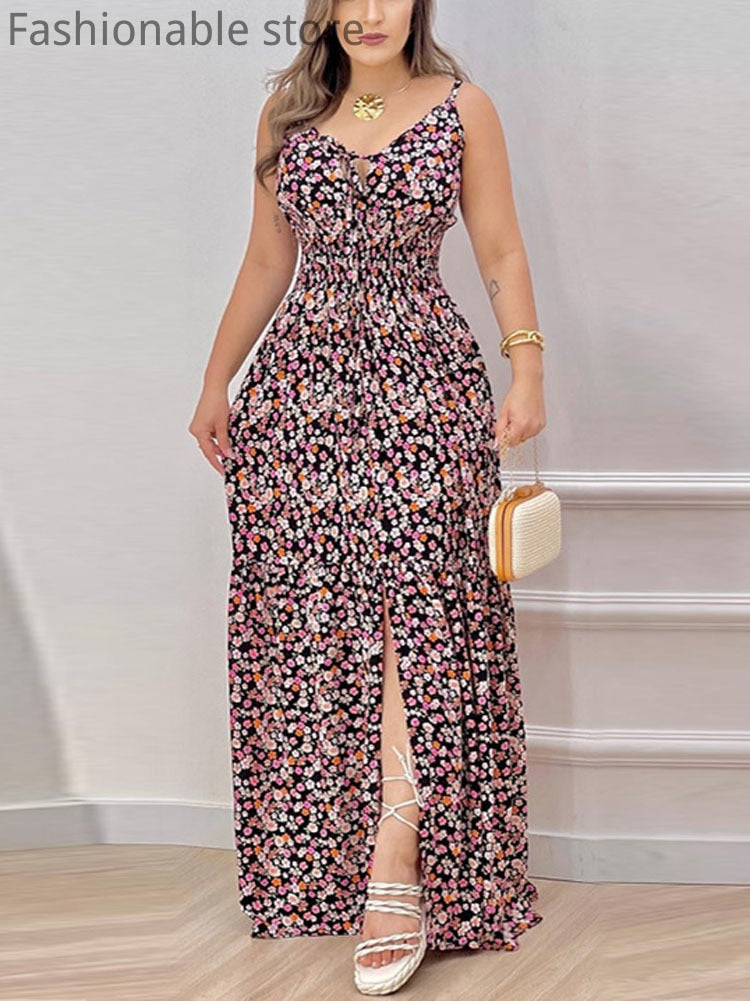 Women Summer Print Spaghetti Strap Big Swing Dress Black