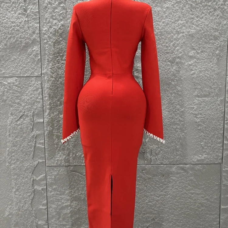 Black Red Women Long Sleeve Shinning Crystal Bodycon Long Bandage Dress Elegant Evening Party Cocktail Outfit Vestido