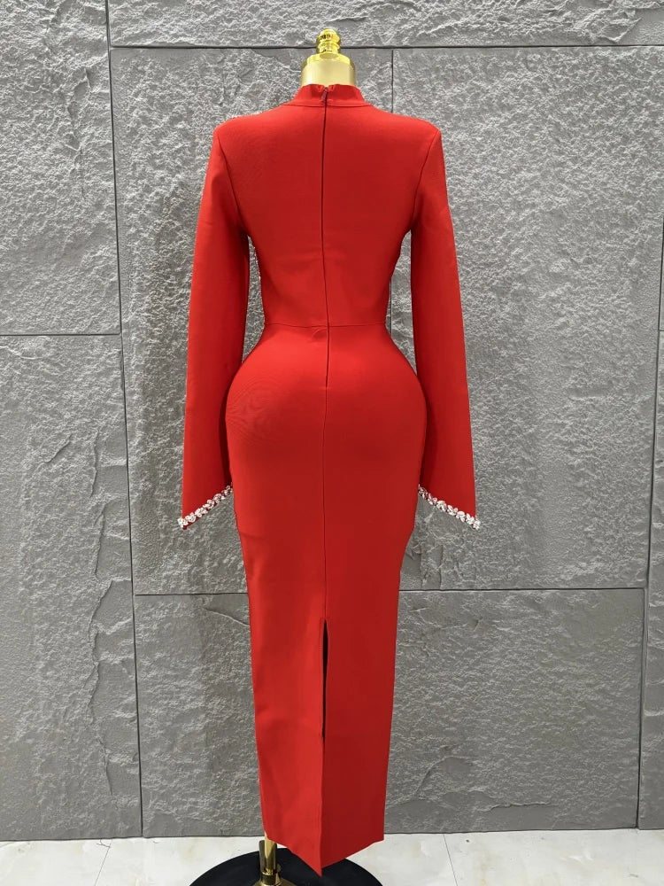 Black Red Women Long Sleeve Shinning Crystal Bodycon Long Bandage Dress Elegant Evening Party Cocktail Outfit Vestido