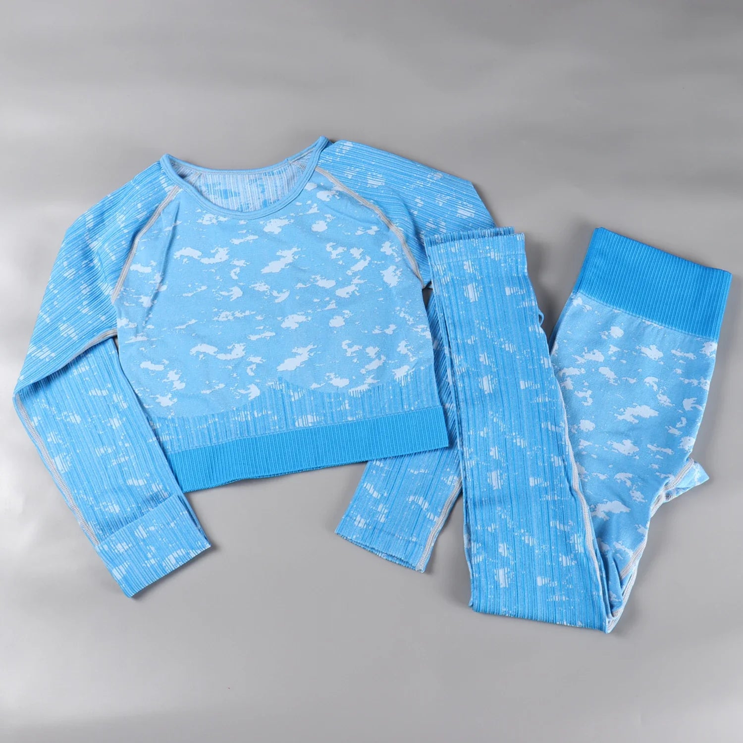 Rid Seamless Yoga Set Women 2pcs Two Piece Long Sleeve Crop Top T-Shirt Leggings Outfit Clothes Gym Wear Fitness Suit Sport Sets Upgrade Blue Set