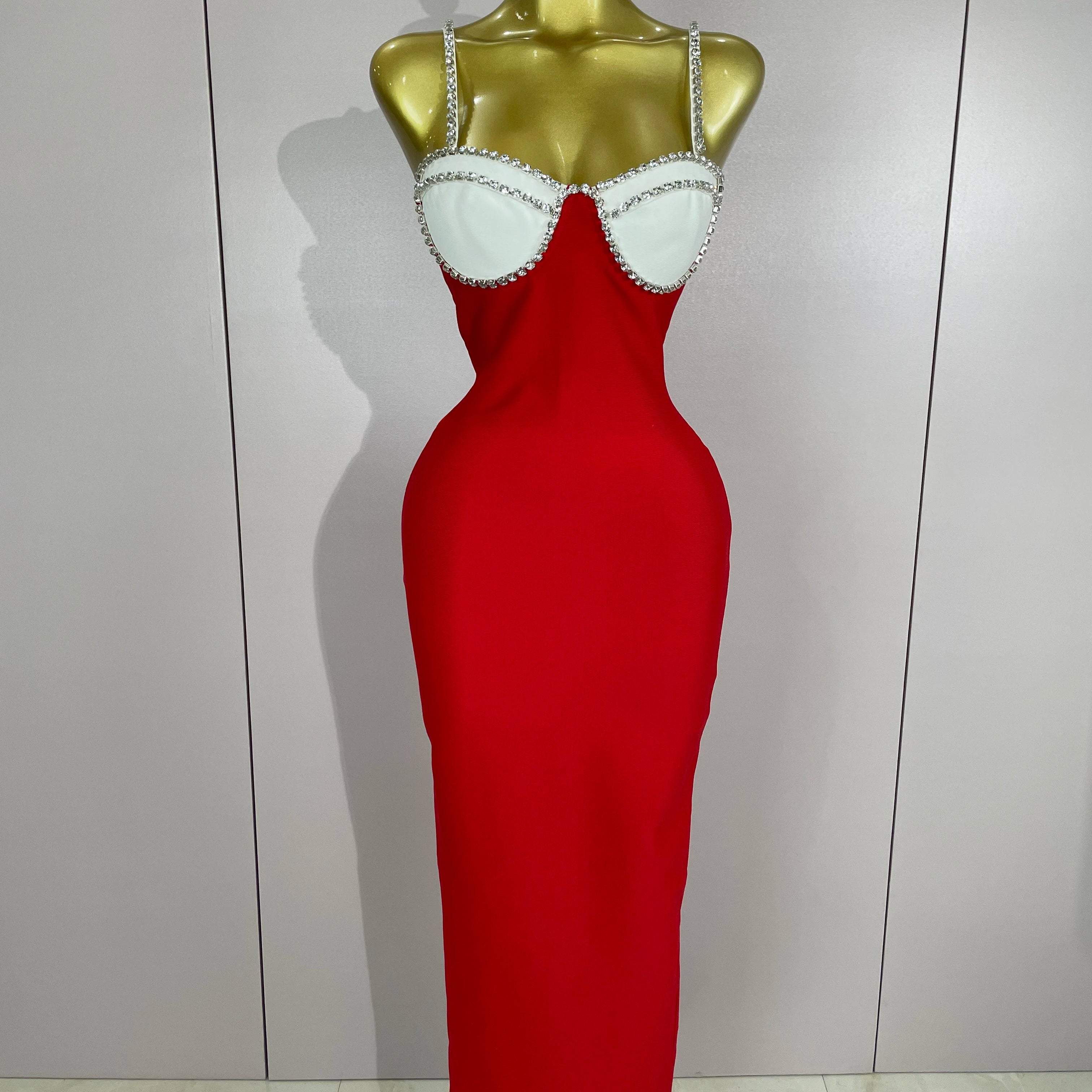 2025 Women Celebrity Sexy Backless Diamonds Patchwork Black Red Maxi Long Bodycon Bandage Dress Elegant Evening Club Party Dress Red