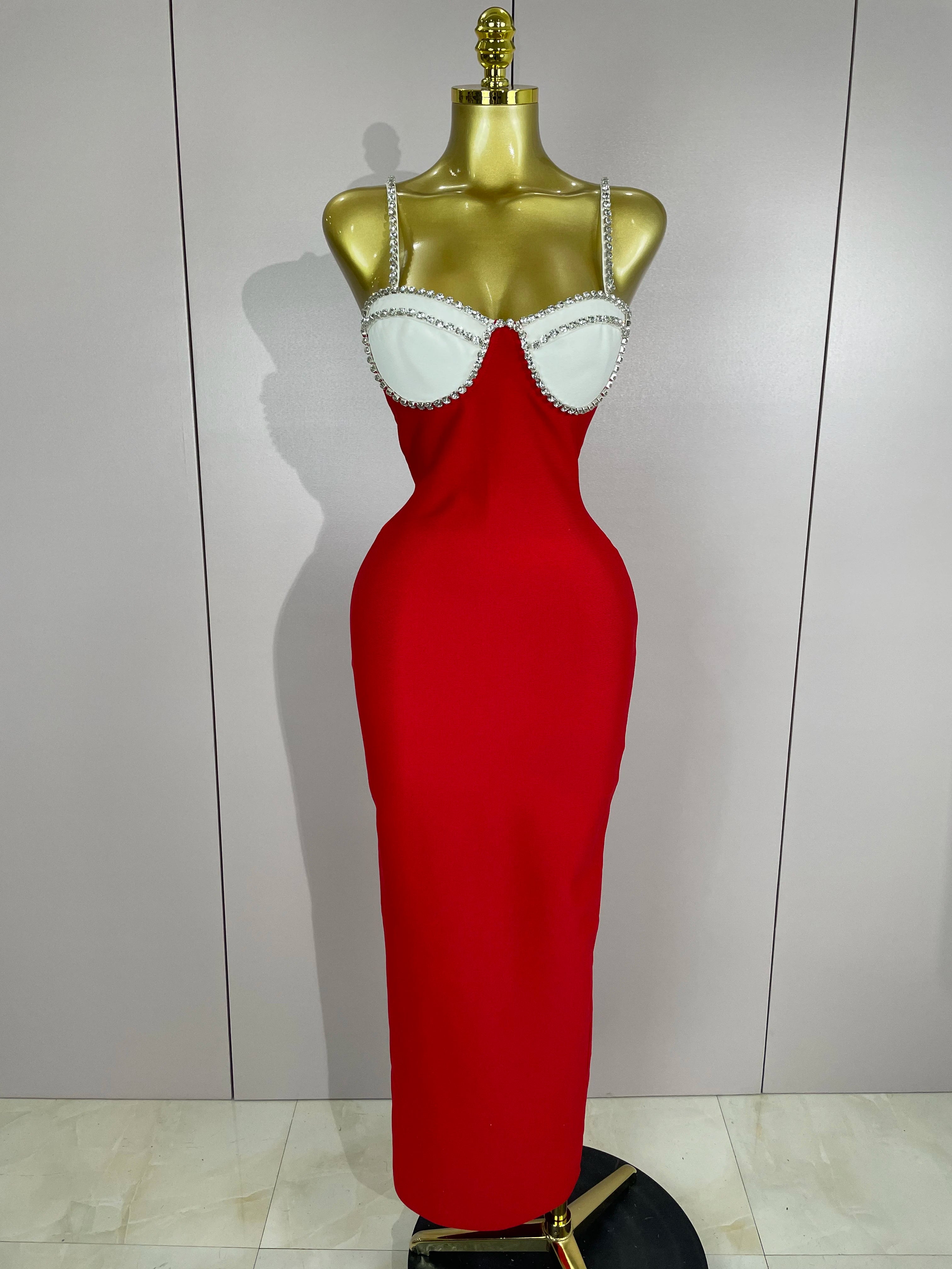 2025 Women Celebrity Sexy Backless Diamonds Patchwork Black Red Maxi Long Bodycon Bandage Dress Elegant Evening Club Party Dress Red