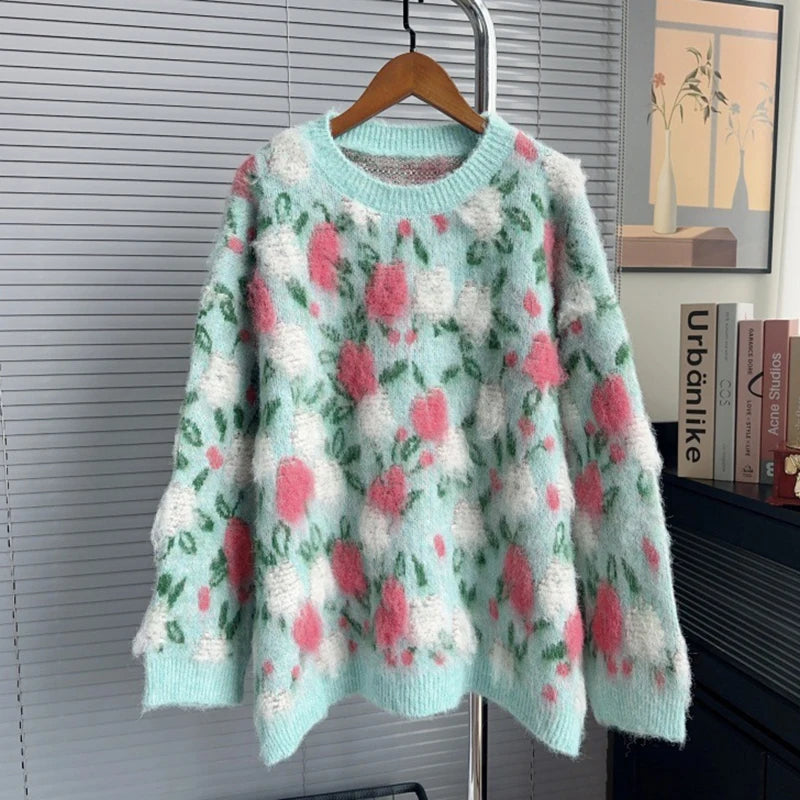 Autumn Winter New Fashion Heavy Industry 3D Pink Flower Pullover Sweater For Women Loose Lazy Style Knitted 11A07837 as shown One Size