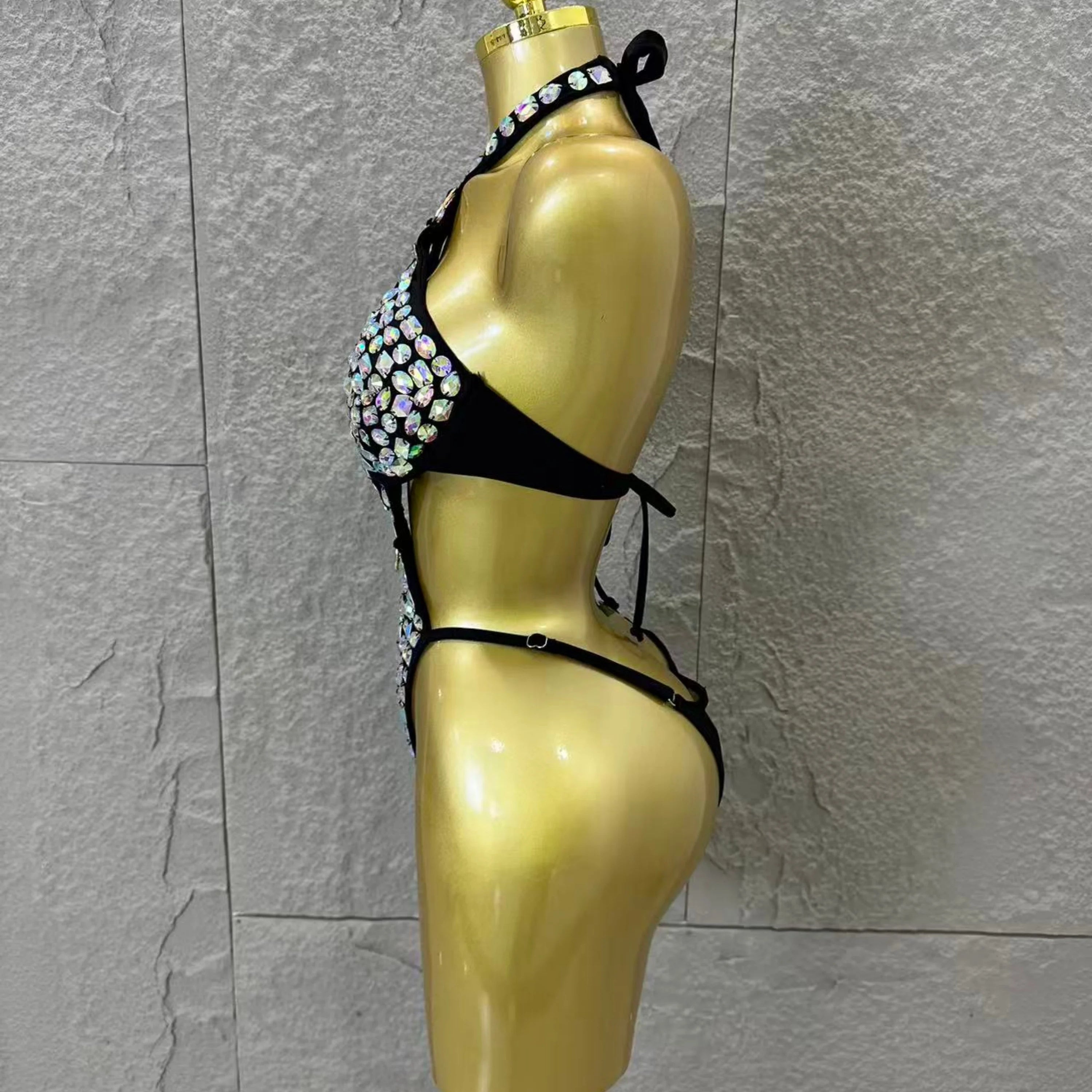 Women Sexy Halter Neck Iridescent Crystal Embellished Cutout Outfit Stage Performance Costume 2026 Luxurious Black Bodysuit