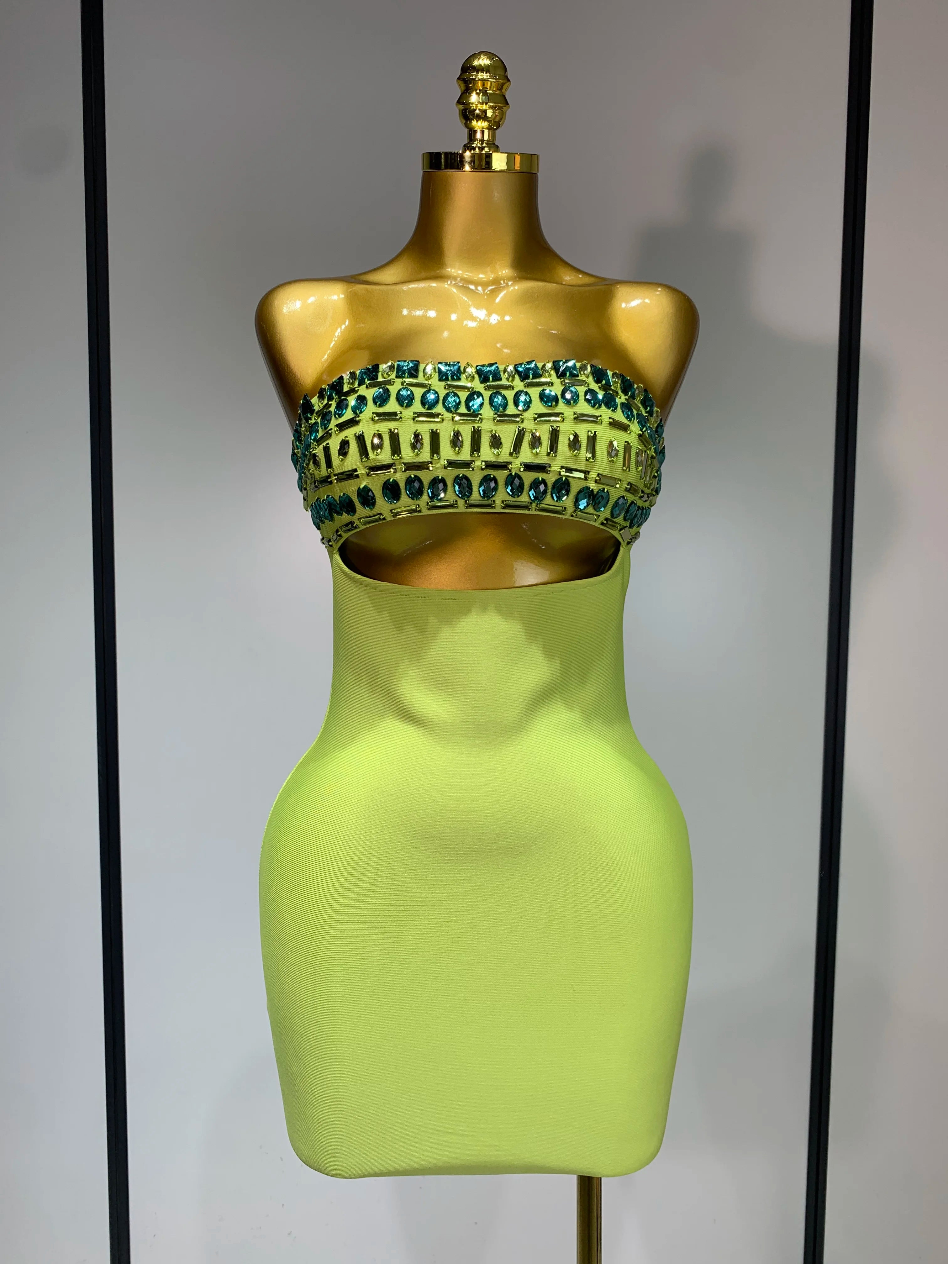 Women Celebrity Luxury Sexy Strapless Sparkly Diamond Cut Out Bodycon Bandage Dress Elegant Evening Club Party Birthday Outfit Light Green