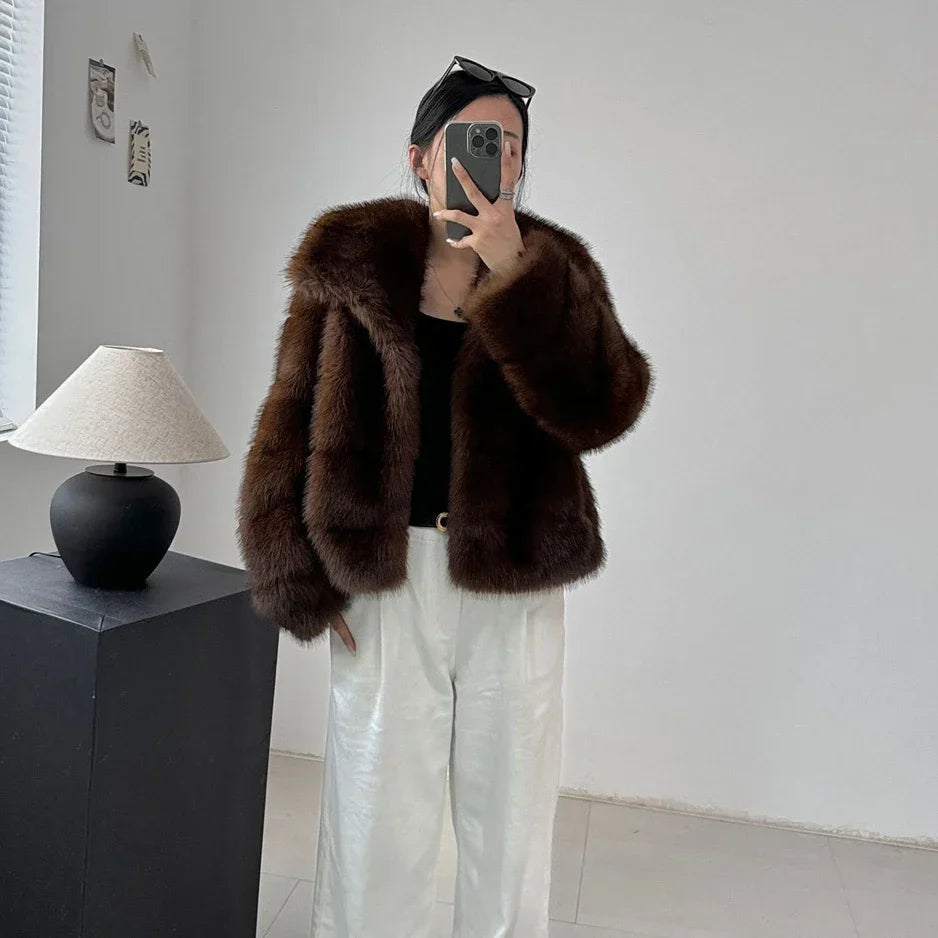 Brown Women Faux Sable Fur Jacket Oversized Lapel Long Sleeve Warm Fluffy Coats Winter Female Loose Streetwear Outwears