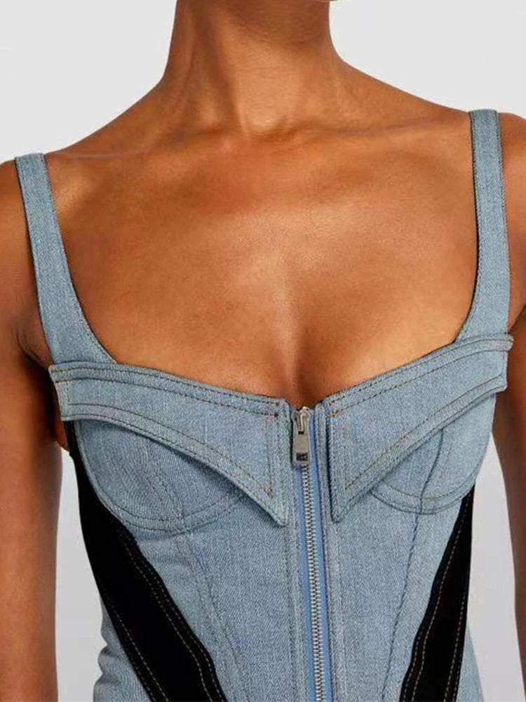 DEAT Streetwear Patchwork Contrast Color Denim Dress For Women Sleeveless Zipper Short Dresses Summer Female New 11XX4973