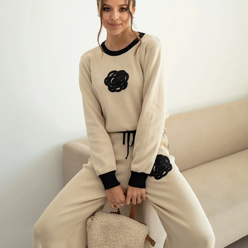 Two Piece Set Women Outfit Winter Outfit Embroidery Sweater Matching Sets Knit Tracksuit Casual Wear Set For Women