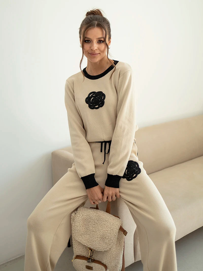 Two Piece Set Women Outfit Winter Outfit Embroidery Sweater Matching Sets Knit Tracksuit Casual Wear Set For Women