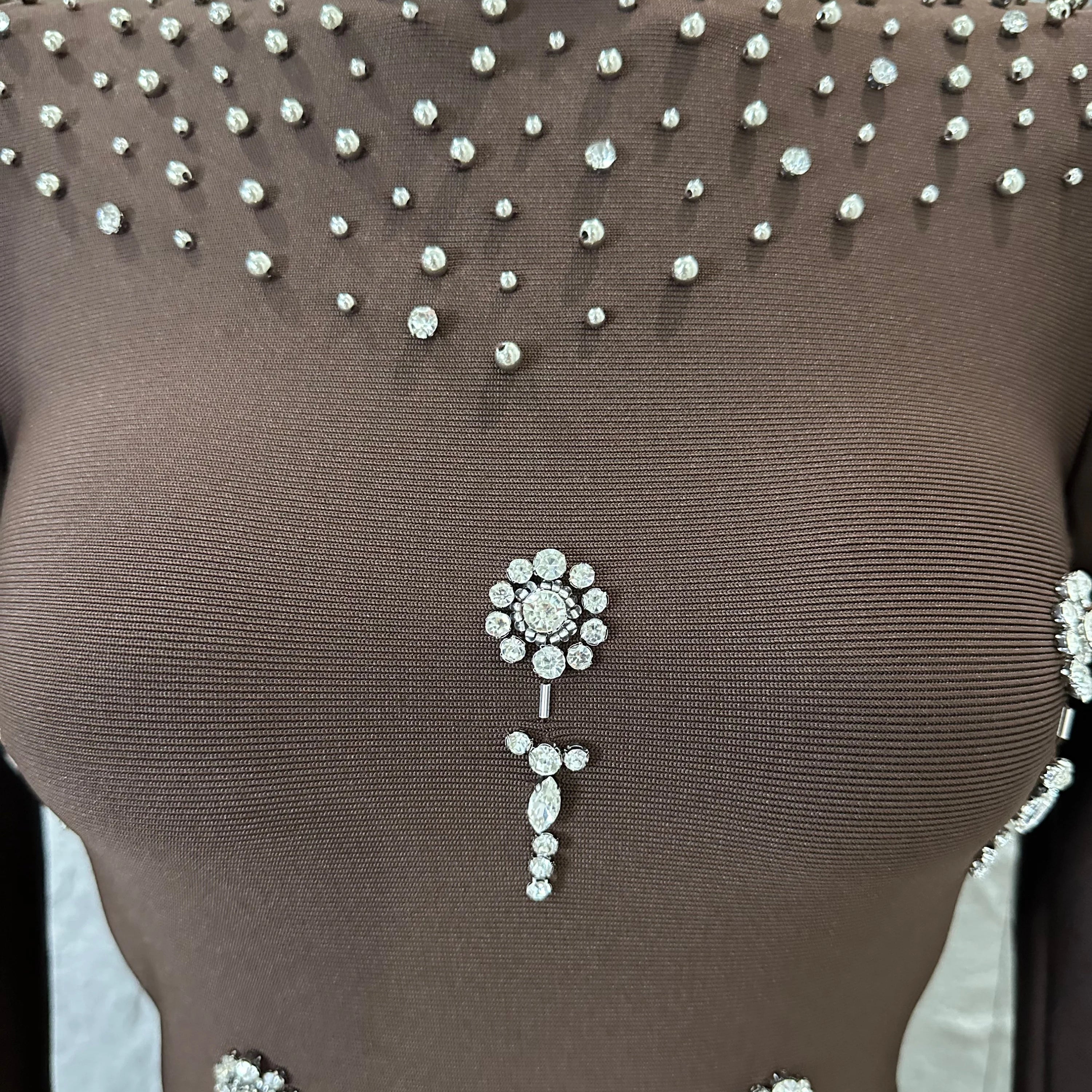 Sophisticated Brown High Neck Maxi Dress Women Sexy Long Sleeve Crystal Pearl Embellished Bodycon Outfit Cocktail Party Costume