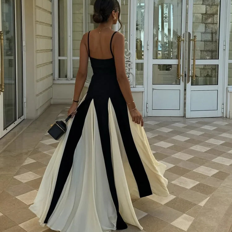 Fashion Contrasting Color Spaghetti Strap Dress For Women Elegant Gauze Backless A-line Long Dresses New Lady Party Evening Gown as pic