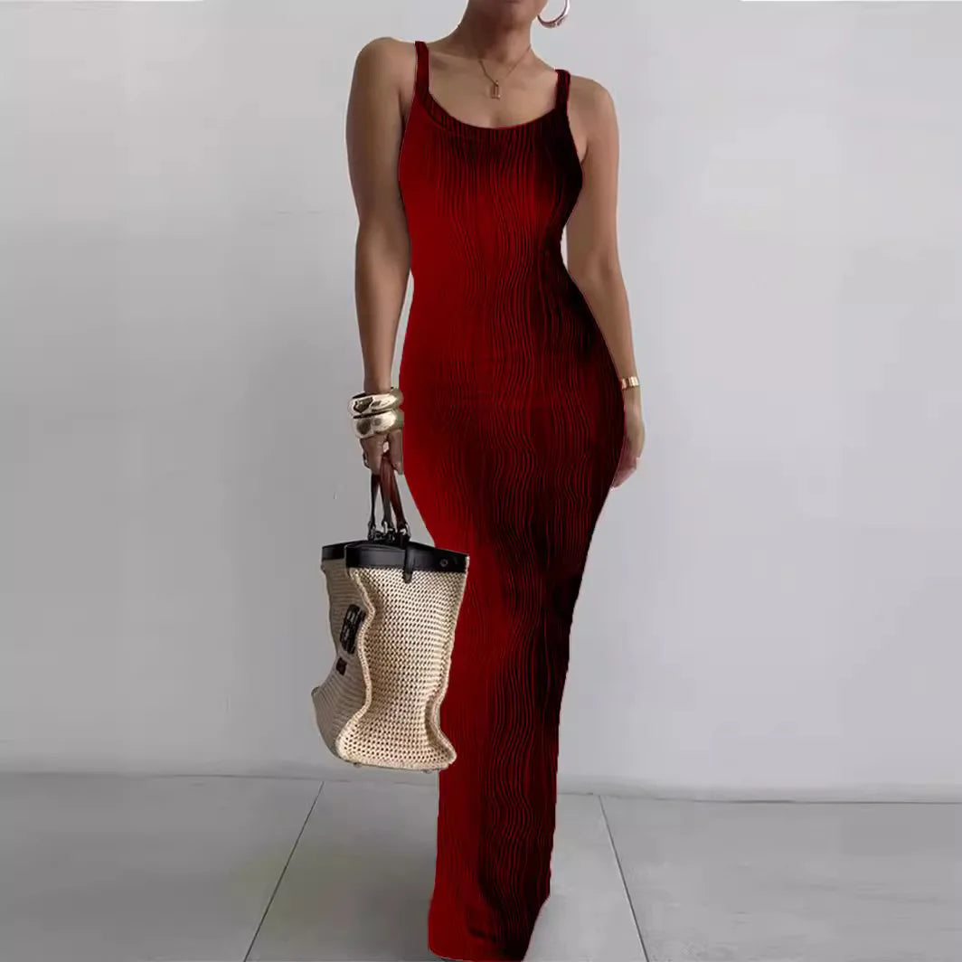 CM.YAYA Summer Women Sleeveless Strap O-neck Sexy 2024 Summer Long Evening Dress Knit Ribbon Night Club Party Maxi Dresses as picture 1