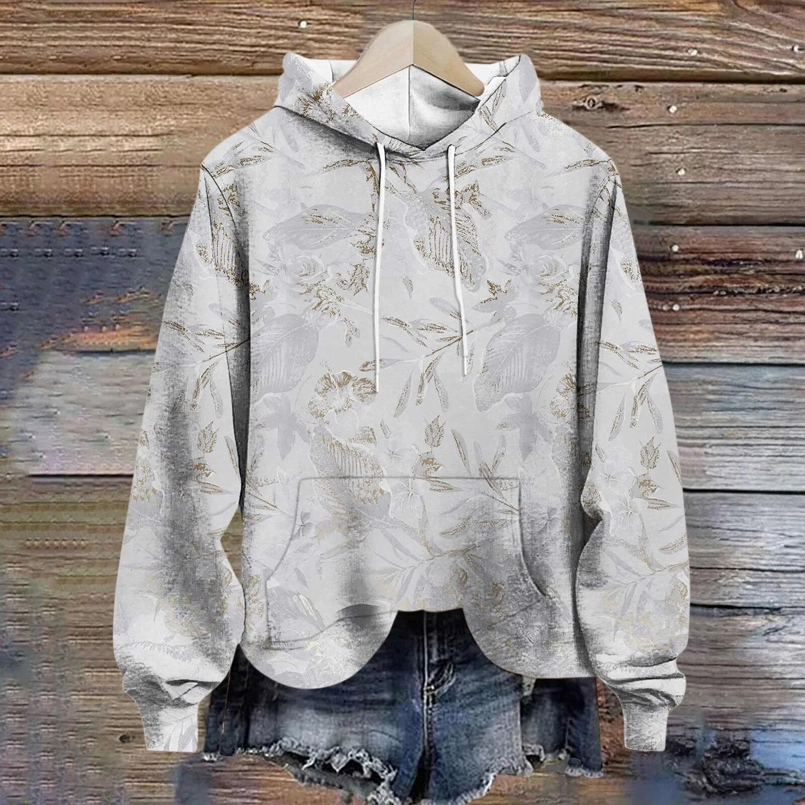 Women'S Sweatshirt Unique Hooded Women Pullover Winter 2024 Casual Long Sleeves Print Women Sweatshirts 빅사이즈 여성의류 Light Gray