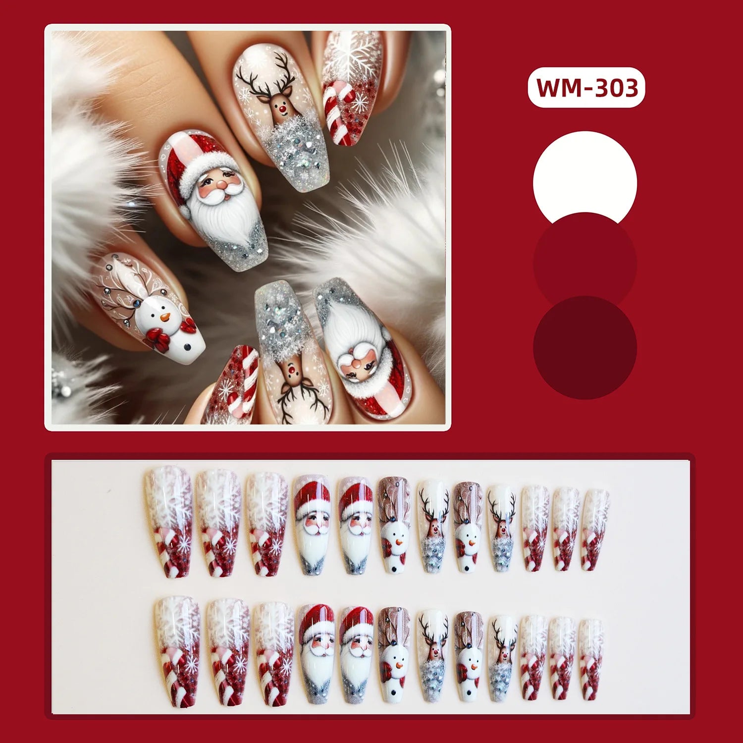 2025 Merry Chrismas Press on Nails Cute Snowman Elk Santa Claus Print Fake Nail Tips Wearable Long Coffin False Nails for Girls 2