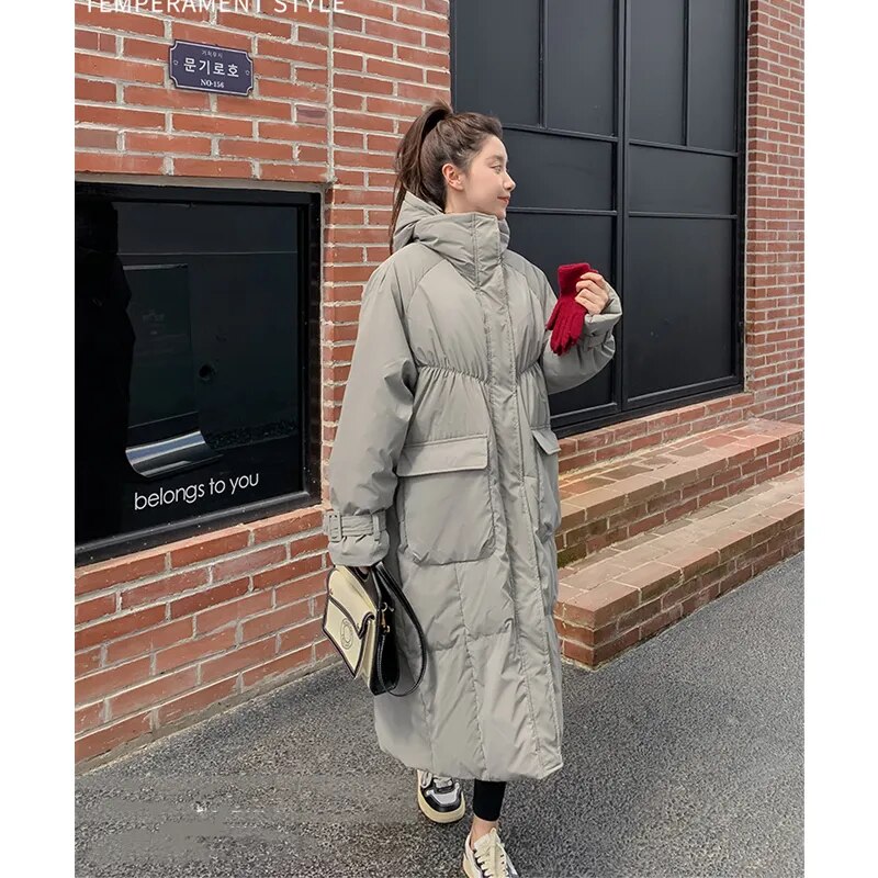 Women's Green Down Jacket Hooded Long Cotton Clothes Winter New Korean Fashion Loose Oversized Warm Thicken Windproof Coat Tops