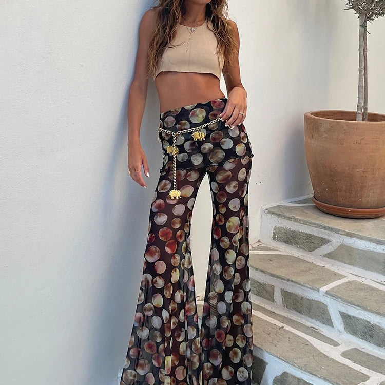 Mozision Mesh Leopard Print Trousers Woman Fashion High Waist Print Wide Leg Pants Female Elegant Printed Long Pants Bottoms