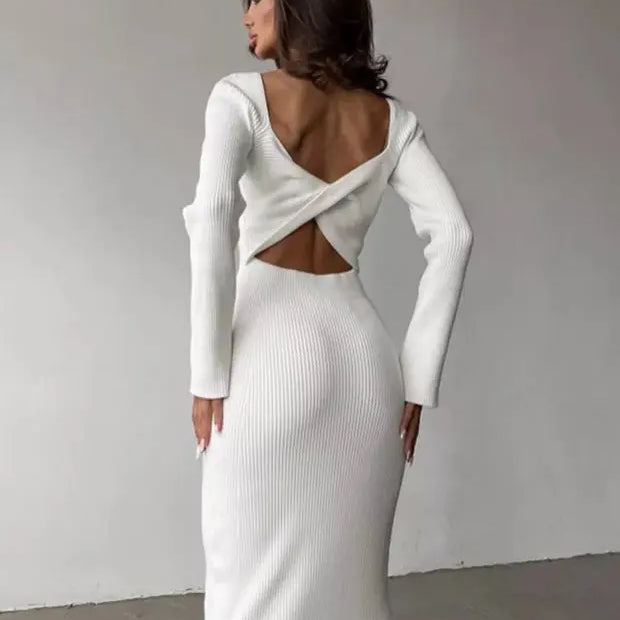 Autumn New Hot White Long-sleeved O-neck Chest-wrapped Hollow High Waist Slim Dress Crop Top Elegant Knee Skirt Rib Fabric Dress Beige