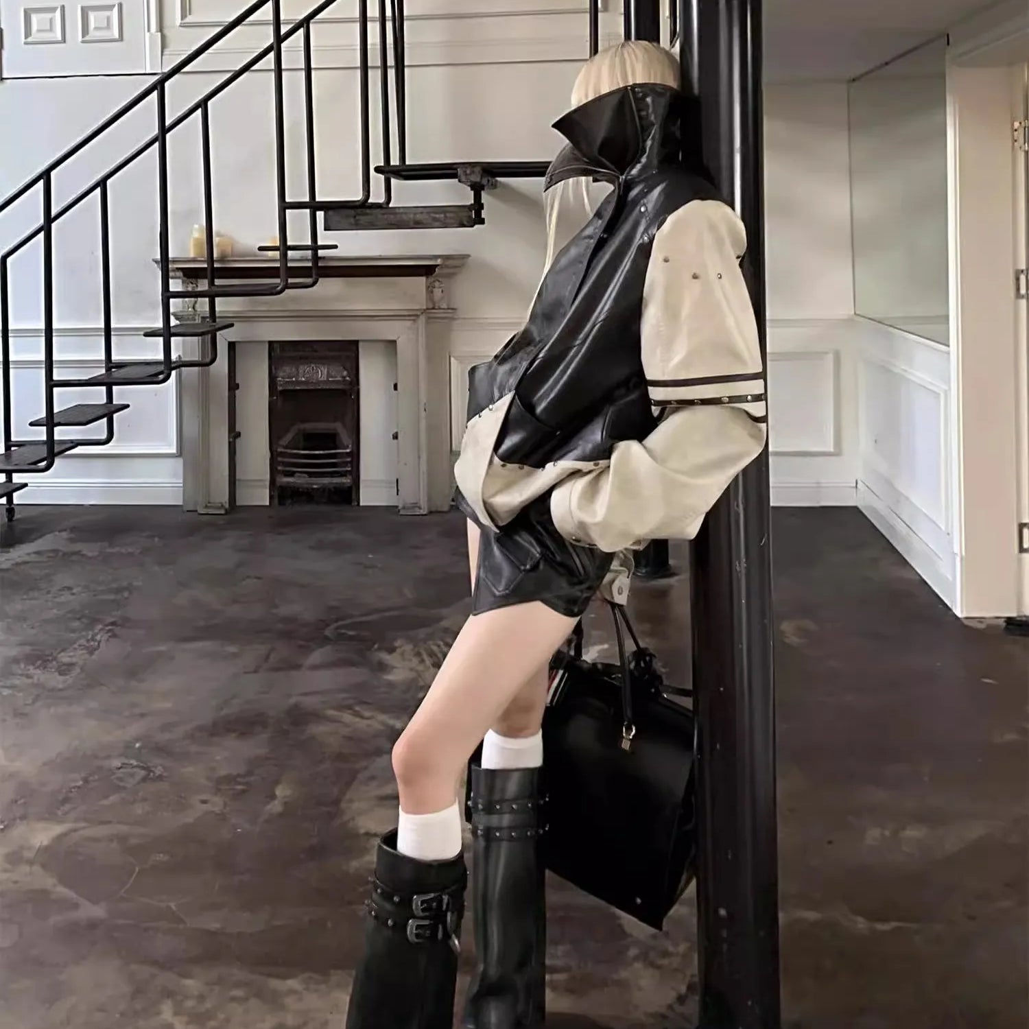 Lautaro Spring Summer Cool Sexy Distressed Black Pu Leather Mini Asymmetrical Skirt Women High Waist Luxury Designer Emo Clothes Black