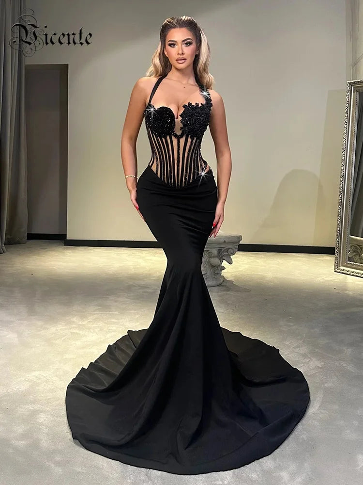 Glamorous Black Halter Sequin Flower Mesh Top Mermaid Dress for Galas Evening Gown