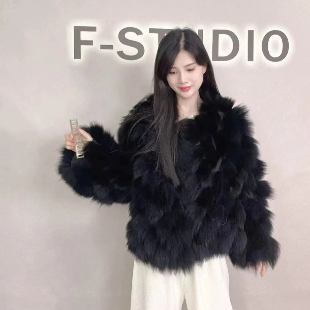 Women Winter Warm Luxury Fashion Full Sleeves V Neck Short Fur Jacket Real Fox Fur Coat Female Pluffy Outwear 10 One Size