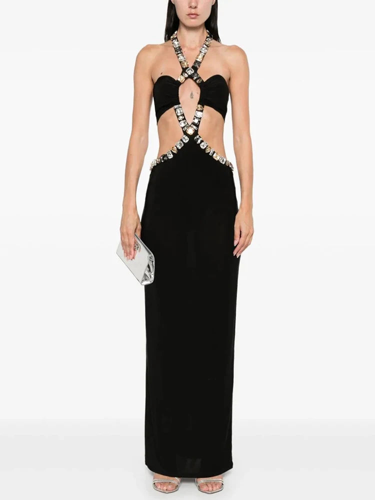 Sexy Halter Gold Chains Hollow Out Long Dress Black Sleeveless Backless Shiny Diamonds Bodycon Dresses Evening Party Gowns