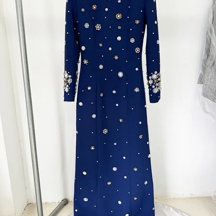 2025 New Spring Women Long Sleeve Beading Crystal Fashion Slim Long Maxi Dress Celebrate Elegant Evening Party Cocktail Dress Navy Blue