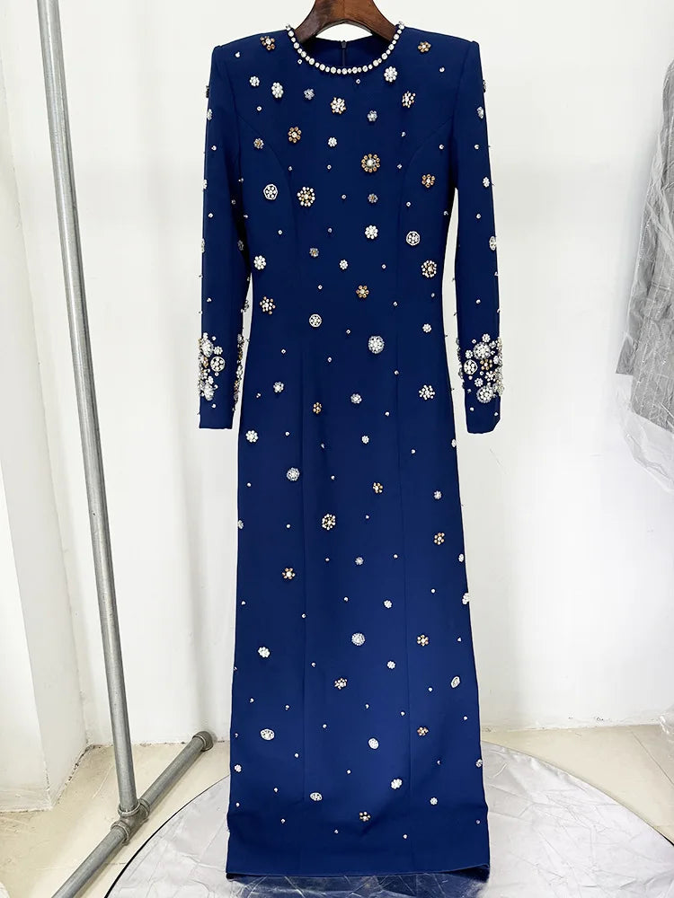 2025 New Spring Women Long Sleeve Beading Crystal Fashion Slim Long Maxi Dress Celebrate Elegant Evening Party Cocktail Dress Navy Blue