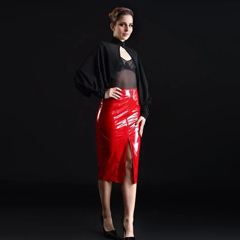 High Waist Faux PU Leather Midi Skirts Women Sexy Front Split Pencil Skirts Ladies Shiny Patent Leather Slim Clubwear New Custom Red