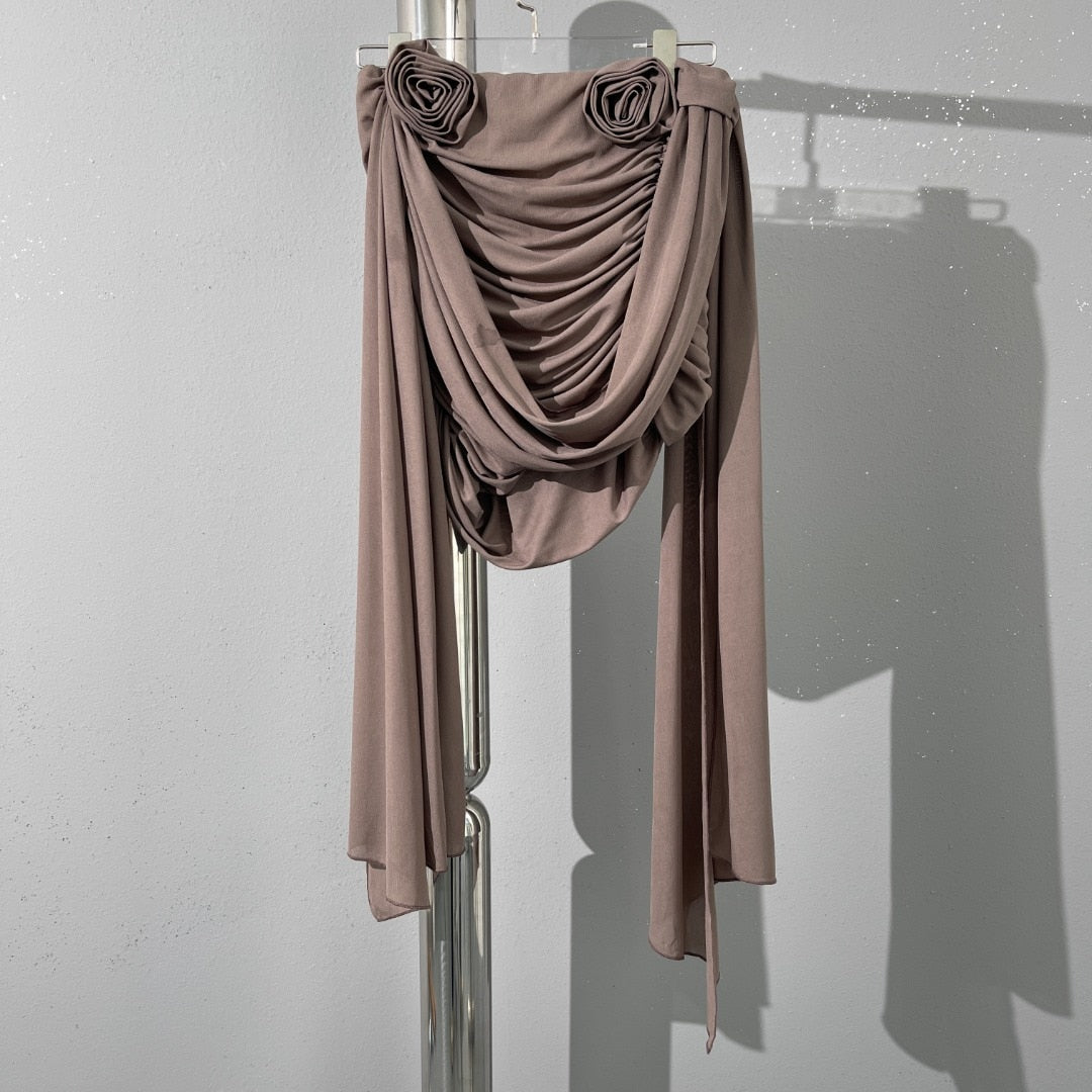 Romantic 3D rose pleated tank top fashionable and sexy y2k single side slim waist short section Top women 2024 summer new Brown 1
