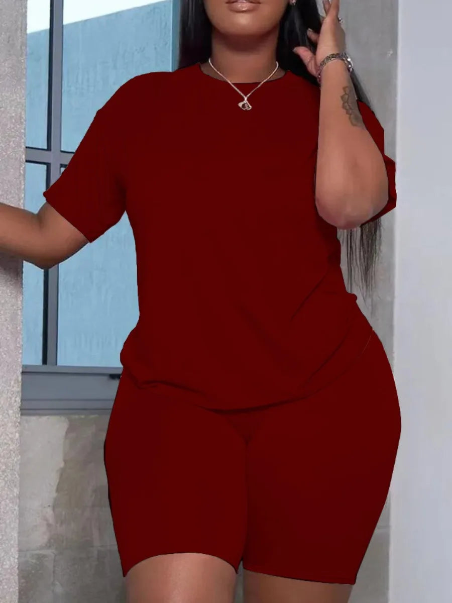 LW Basic Plus Size Summer Women's Suit Short Sleeve Top and Pants Casual Solid Color Sportswear Slim Two-piece Outfit Red