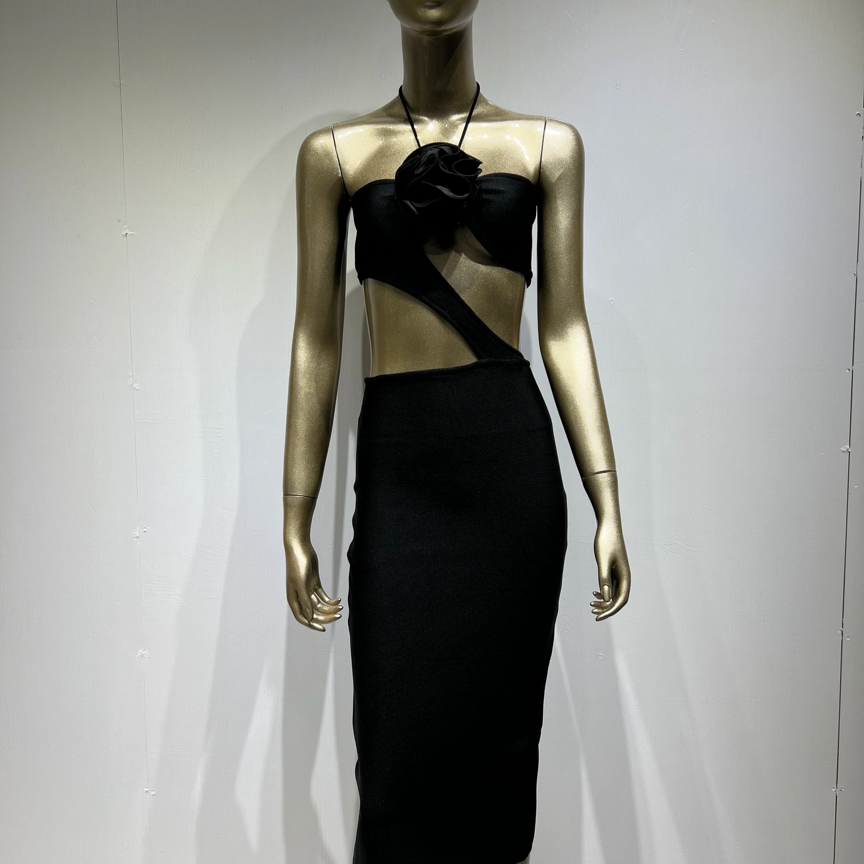 2023 Summer 3D Flower Sexy Hollow Out Sleeveless Bodycon Black Long Dress Fashion's Sexy Woman Party Outfit Beach Party Vestido