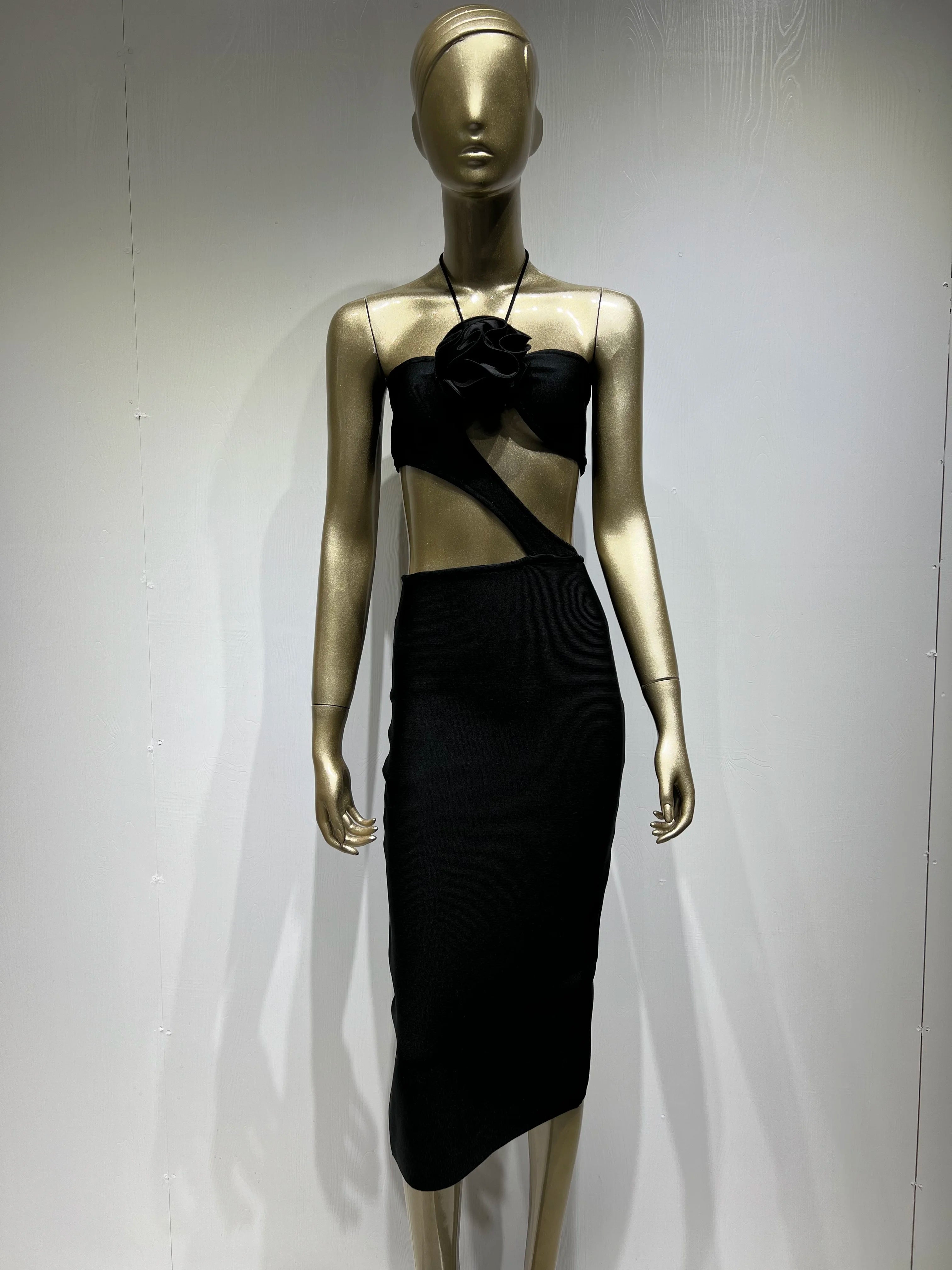 2023 Summer 3D Flower Sexy Hollow Out Sleeveless Bodycon Black Long Dress Fashion's Sexy Woman Party Outfit Beach Party Vestido