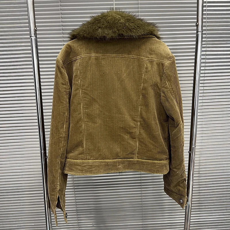 Autumn Winter New Corduroy Detachable Fur Collar Coat For Women Quilted Loose Warm Jacket Female 11A07907