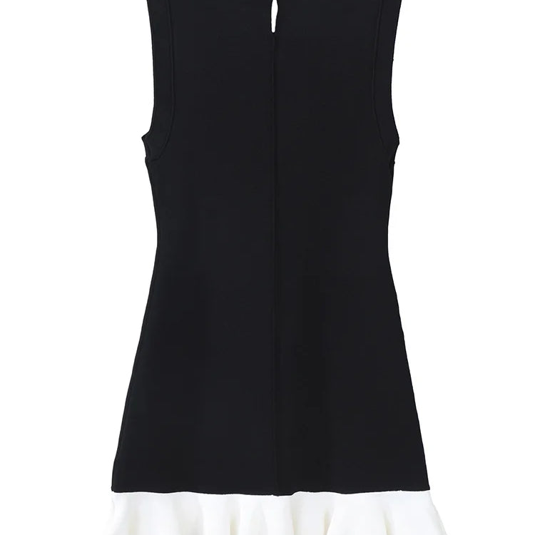 Hit Color Slimming Spliced Bead Elegant Mini Dresses for Women Round Neck Sleeveless Patchwork Ruffles Dress Female