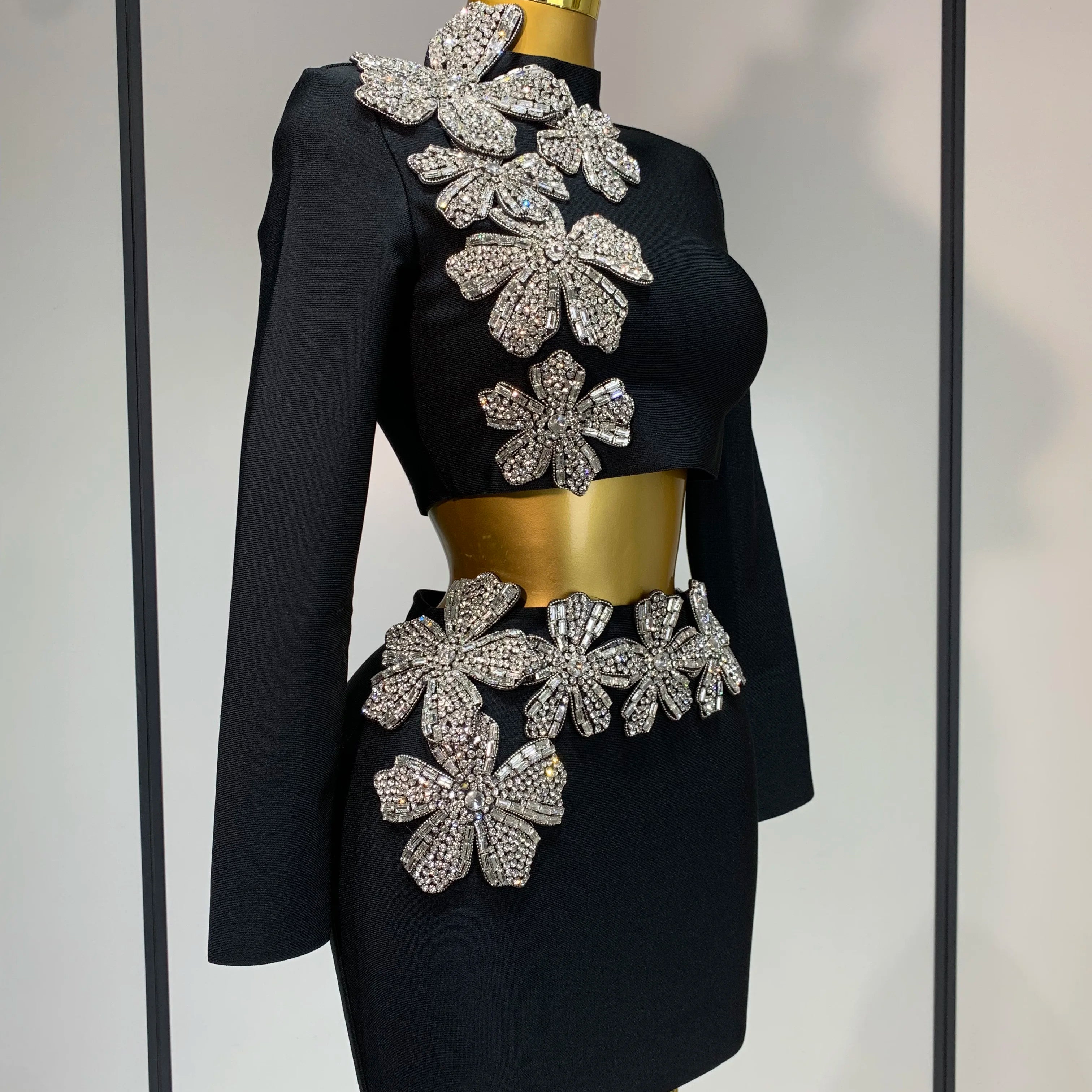 Women Long Sleeves Bandage Two Piece Sets Turtleneck Shiny Diamonds Flower Top Bodycon Mini Skirts Suits Evening Club Party Set